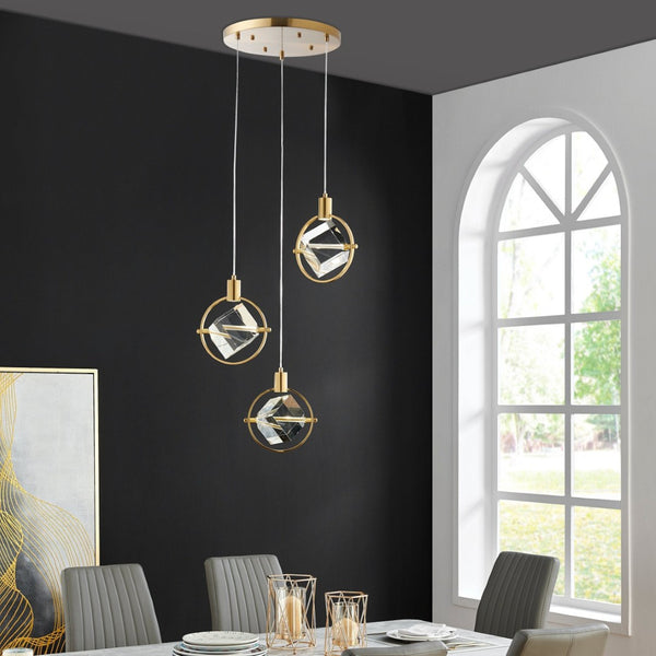 HomeRoots Gold Geometric Dimmable Chandelier – Modern Three-Light Metal Fixture with Clear Shades for Elegance 558707