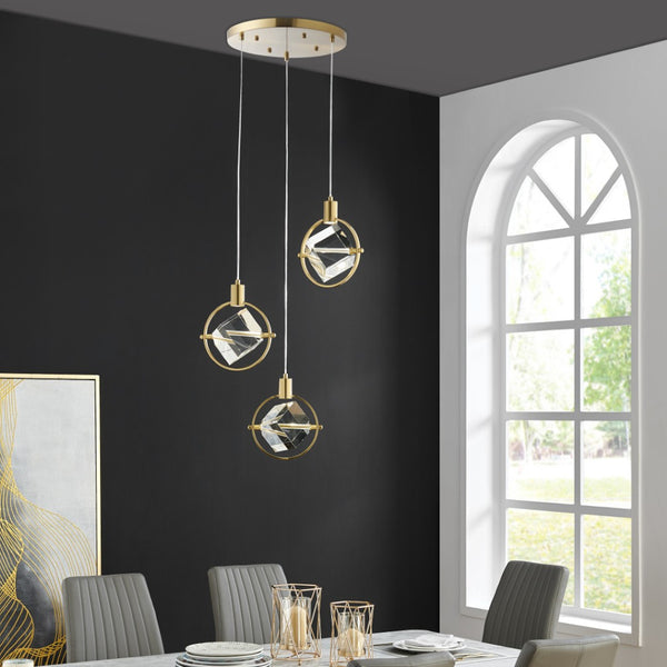 HomeRoots Gold Geometric Dimmable Chandelier – Modern Three-Light Metal Fixture with Clear Shades for Elegance 558707