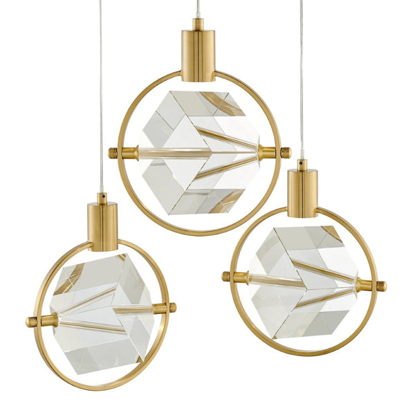HomeRoots Gold Geometric Dimmable Chandelier – Modern Three-Light Metal Fixture with Clear Shades for Elegance 558707