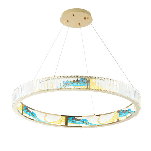 HomeRoots Gold Geometric Crystal LED Chandelier - Modern Luxury with Adjustable Height for Stunning Illumination 558708
