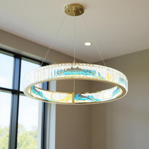 HomeRoots Gold Geometric Crystal LED Chandelier - Modern Luxury with Adjustable Height for Stunning Illumination 558708