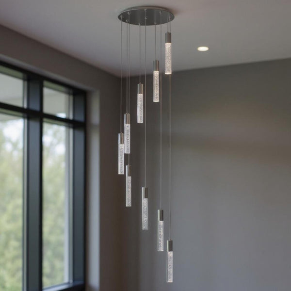 HomeRoots Silver Nine-Light Dimmable Chandelier with Clear Shades – Modern Elegance for Any Room Decor 558712