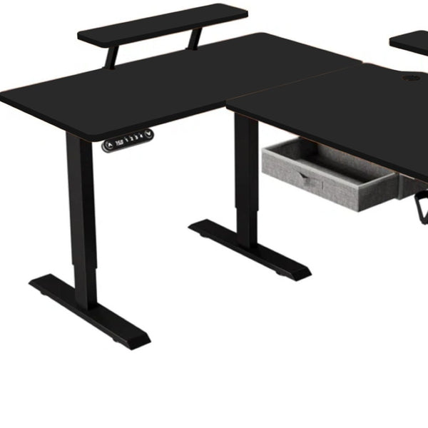 HomeRoots Adjustable Corner Rolling T-Shape Standing Desk with Oak-Beige Finish, USB & Power for Home Office 558723