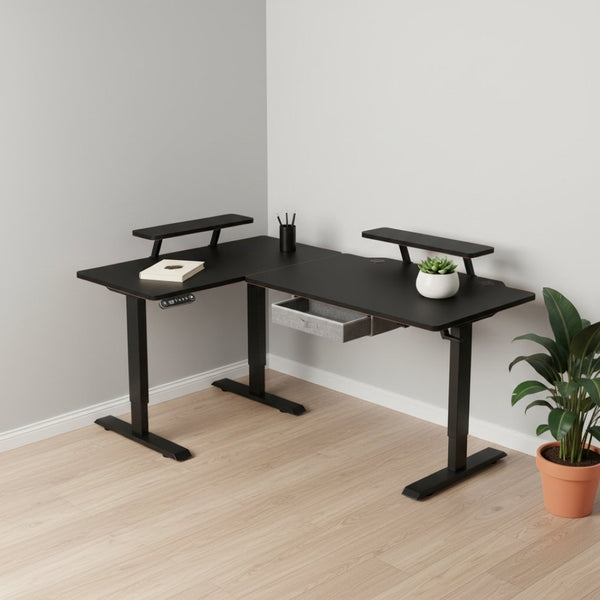 HomeRoots Adjustable Corner Rolling T-Shape Standing Desk with Oak-Beige Finish, USB & Power for Home Office 558723