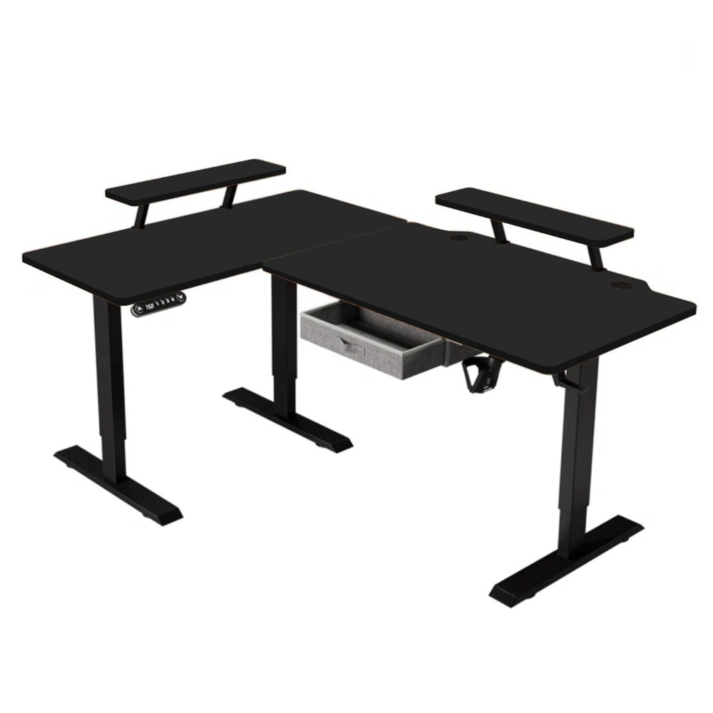 HomeRoots Adjustable Corner Rolling T-Shape Standing Desk with Oak-Beige Finish, USB & Power for Home Office 558723