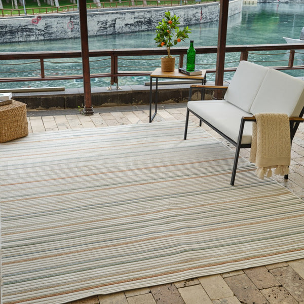 HomeRoots 5' Cream and Beige Striped Distressed Rug – Versatile Indoor/Outdoor Style for Any Space 8' X 10' 558727