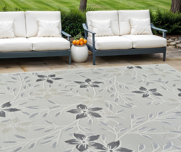 Homeroots 8' X 10' Cream And Gray Floral Distressed Indoor Outdoor Area Rug  Polypropylene 558735