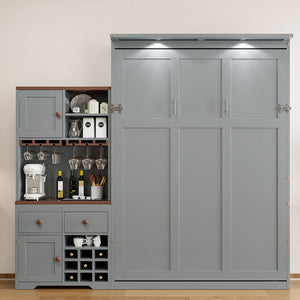 English Elm Queen Murphy Bed with Wine Rack Glass Holder Led Lighting and Cabinet White Gray LP000391AAE