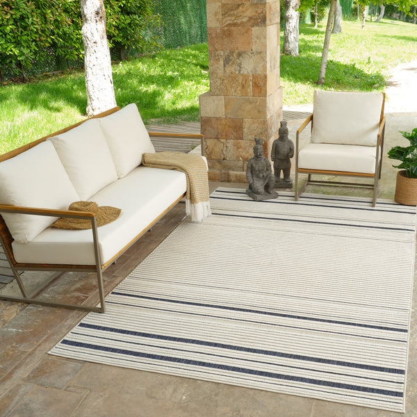Homeroots 5' X 7' Blue And Cream Striped Distressed Indoor Outdoor Area Rug  Polypropylene 558782