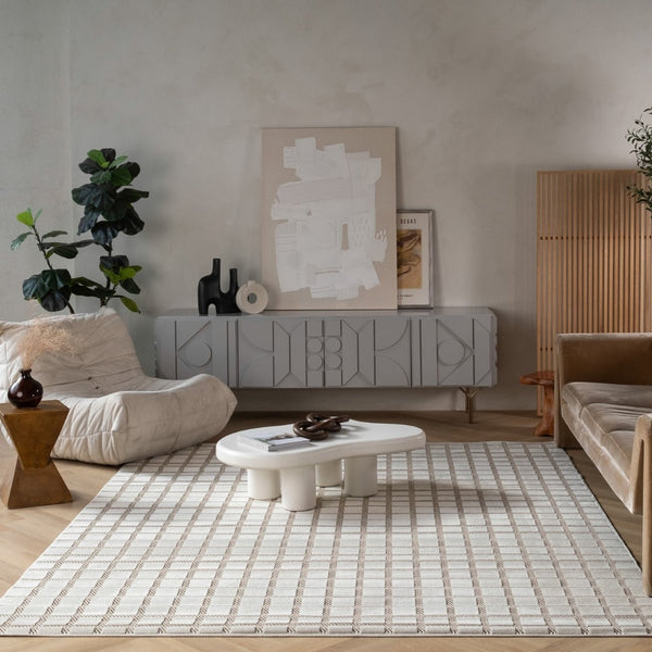 HomeRoots 4' Cream and Beige Geometric Distressed Area Rug – Durable, Water-Resistant for Indoor & Outdoor Use 4' X 6' 558795