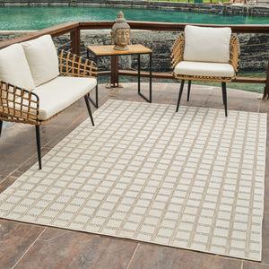 HomeRoots 4' Cream and Beige Geometric Distressed Area Rug – Durable, Water-Resistant for Indoor & Outdoor Use 4' X 6' 558795