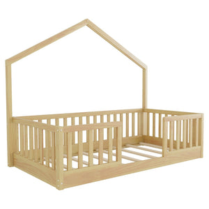 English Elm Twin Montessori Floor Bed House Frame with Led Lighting and Safety Rails for Kids W2593P440601