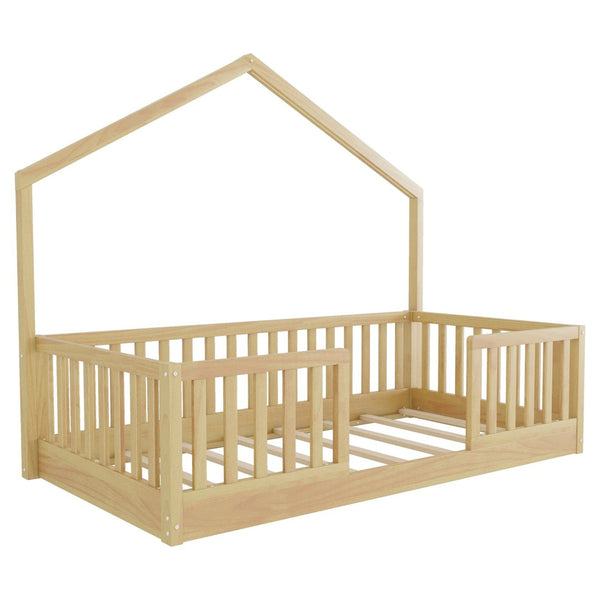 English Elm Twin Montessori Floor Bed House Frame with Led Lighting and Safety Rails for Kids W2593P440601