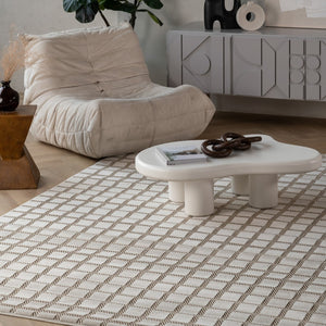 HomeRoots 4' Cream and Beige Geometric Distressed Area Rug – Durable, Water-Resistant for Indoor & Outdoor Use 5' X 7' 558796