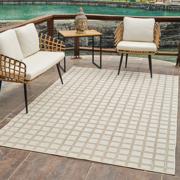 HomeRoots 4' Cream and Beige Geometric Distressed Area Rug – Durable, Water-Resistant for Indoor & Outdoor Use 8' X 10' 558798