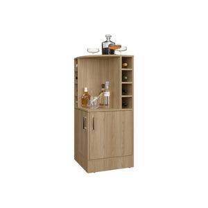 English Elm FM Corner Bar Cabinet with 8-Bottle Rack, Open Display Shelves and Hidden Storage for Home Entertaining Natural Wood 47.2 L x 23.2 W x 4.7 H B128P269880