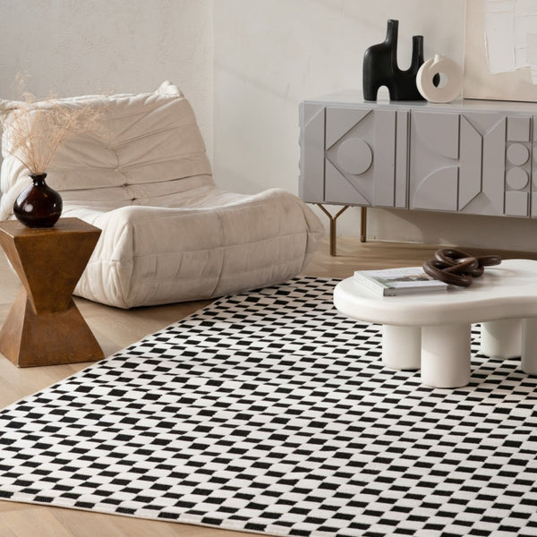HomeRoots 4' Black and White Geometric Distressed Area Rug - Durable, Stylish Indoor/Outdoor Essential for Homes 4' X 6' 558809