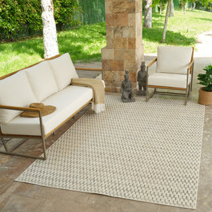HomeRoots 4' Cream and Beige Geometric Distressed Area Rug - Durable Indoor/Outdoor Style for Any Space 5' X 7' 558817