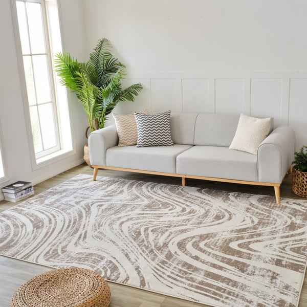 HomeRoots 4' Abstract Distressed Beige and Brown Area Rug - Stylish, Durable, and Easy-Care for Any Space 4' X 6' 558824