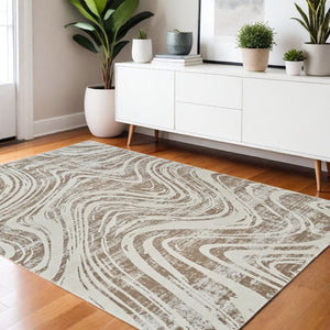 HomeRoots 4' Abstract Distressed Beige and Brown Area Rug - Stylish, Durable, and Easy-Care for Any Space 4' X 6' 558824