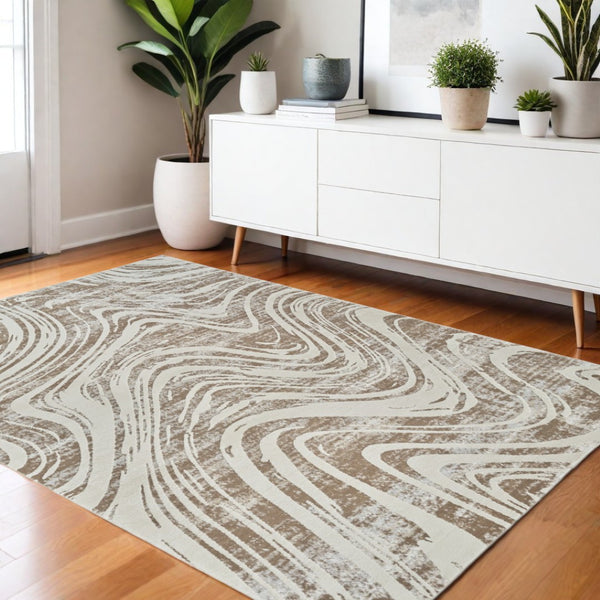 HomeRoots 4' Abstract Distressed Beige and Brown Area Rug - Stylish, Durable, and Easy-Care for Any Space 4' X 6' 558824