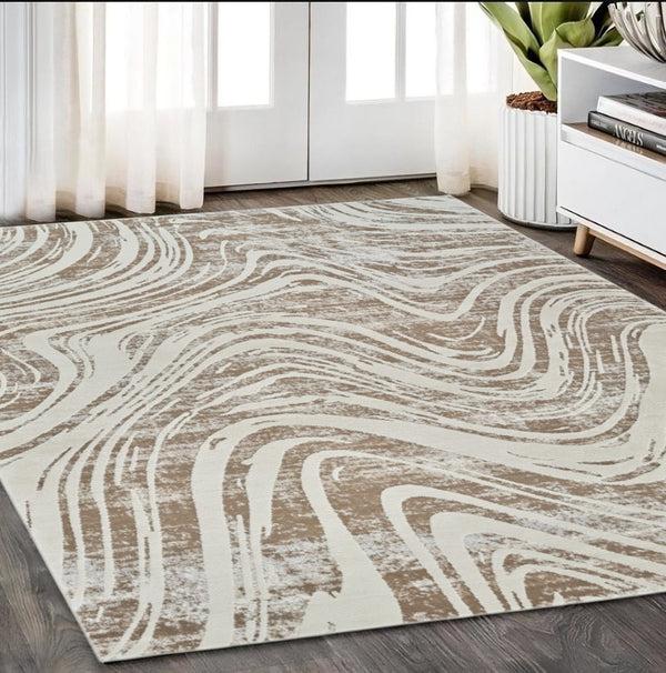 HomeRoots 4' Abstract Distressed Beige and Brown Area Rug - Stylish, Durable, and Easy-Care for Any Space 5' X 8' 558825