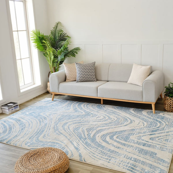 HomeRoots 4' Blue and Beige Abstract Distressed Area Rug – Stylish, Durable, and Perfect for High-Traffic Spaces 4' X 6' 558828
