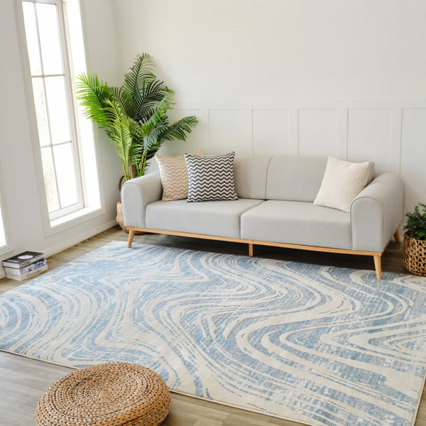 HomeRoots 4' Blue and Beige Abstract Distressed Area Rug – Stylish, Durable, and Perfect for High-Traffic Spaces 7' X 10' 558830