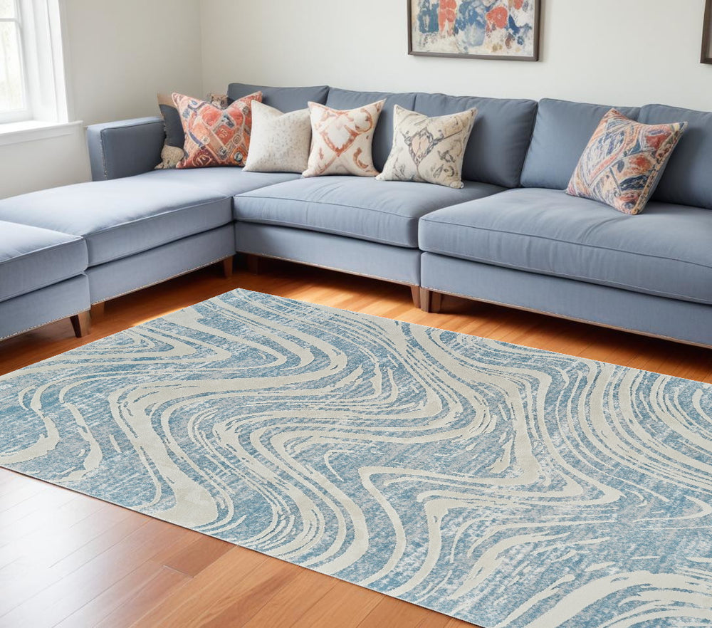 Homeroots 7' X 10' Blue And Beige Abstract Distressed Area Rug  Polypropylene 558830
