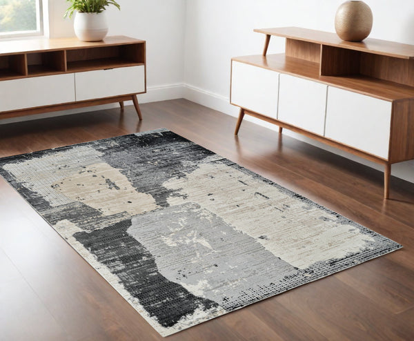 Homeroots 4' X 6' Beige And Black Abstract Distressed Area Rug  Polypropylene 558840