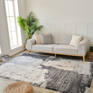 HomeRoots 4' Beige and Black Abstract Distressed Area Rug - Modern, Stain-Resistant Design for Any Room 5' X 8' 558841