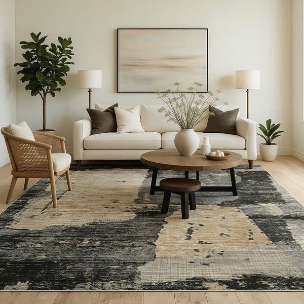 HomeRoots 4' Beige and Black Abstract Distressed Area Rug - Modern, Stain-Resistant Design for Any Room 5' X 8' 558841