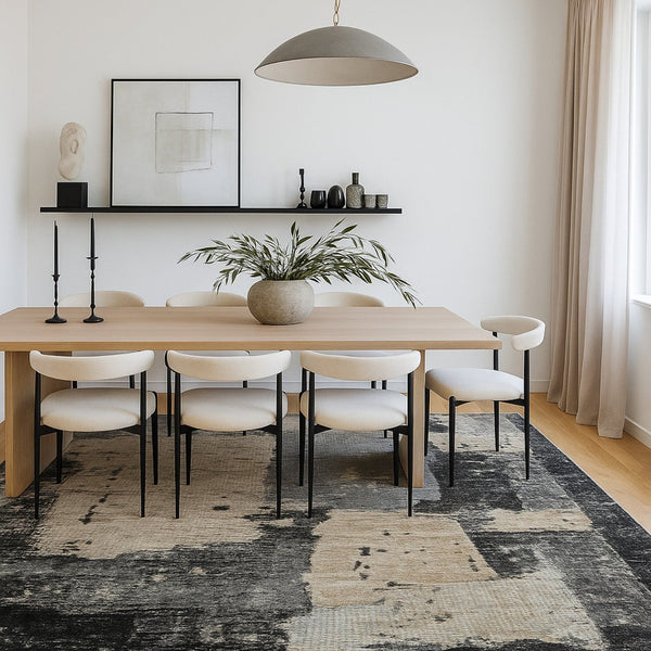 HomeRoots 4' Beige and Black Abstract Distressed Area Rug - Modern, Stain-Resistant Design for Any Room 5' X 8' 558841