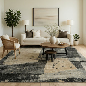 HomeRoots 4' Beige and Black Abstract Distressed Area Rug - Modern, Stain-Resistant Design for Any Room 7' X 10' 558842