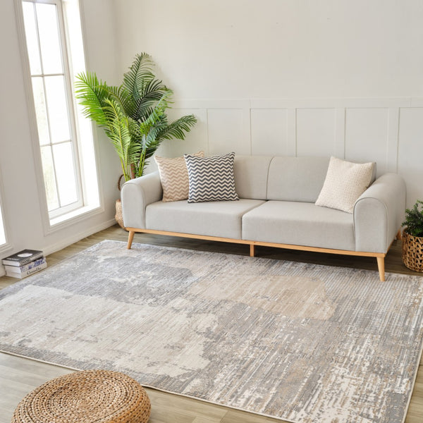 HomeRoots 4' Gray and Cream Abstract Distressed Area Rug - Modern Design for Any Space, Easy Care & Stylish Charm 8' X 11' 558847