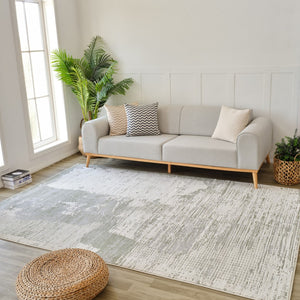 HomeRoots 4' Beige and Green Abstract Distressed Area Rug - Stylish, Stain-Resistant Design for Home Spaces 4' X 6' 558848