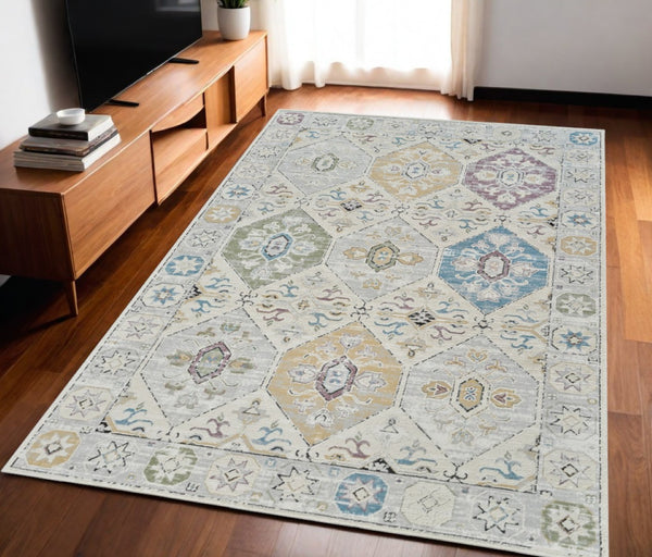 HomeRoots 4' Abstract Distressed Beige and Gray Area Rug - Modern, Soft, Stain-Resistant Design for Cozy Homes 5' X 8' 558857