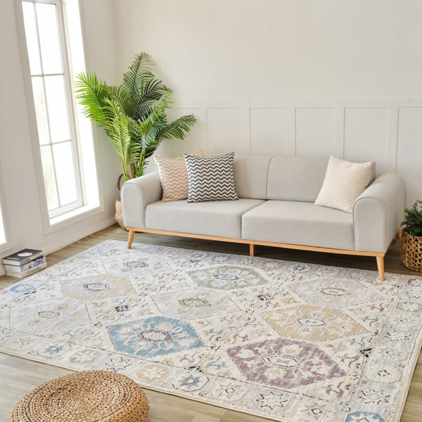 HomeRoots 4' Abstract Distressed Beige and Gray Area Rug - Modern, Soft, Stain-Resistant Design for Cozy Homes 8' X 11' 558859
