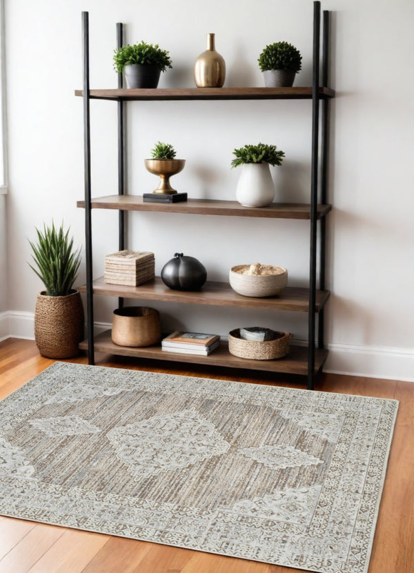 HomeRoots 4' Modern Beige and Brown Abstract Distressed Area Rug – Versatile, Stylish, Easy Care for Any Room 4' X 6' 558860