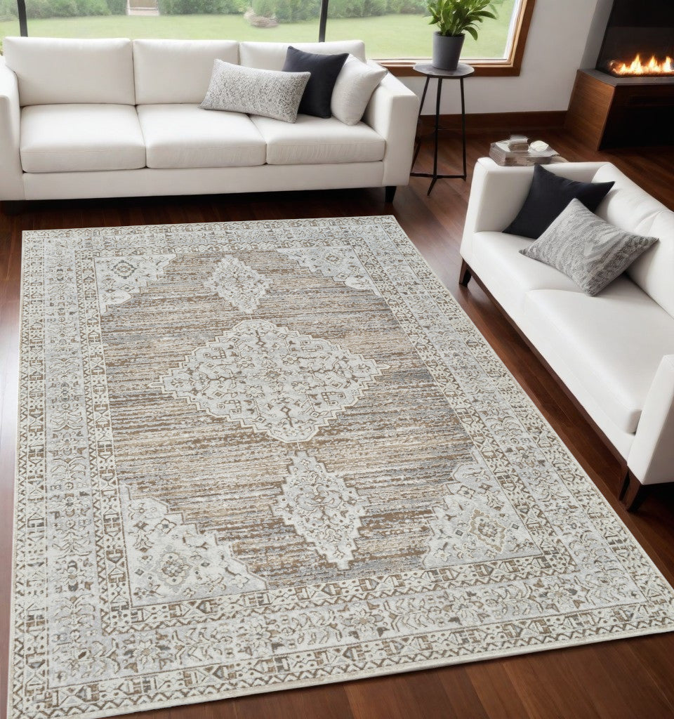 Homeroots 5' X 8' Beige And Brown Abstract Distressed Area Rug  Polypropylene 558861