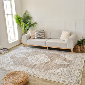 HomeRoots 4' Modern Beige and Brown Abstract Distressed Area Rug – Versatile, Stylish, Easy Care for Any Room 7' X 10' 558862