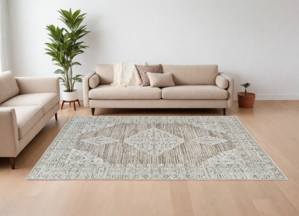 HomeRoots 4' Modern Beige and Brown Abstract Distressed Area Rug – Versatile, Stylish, Easy Care for Any Room 8' X 11' 558863