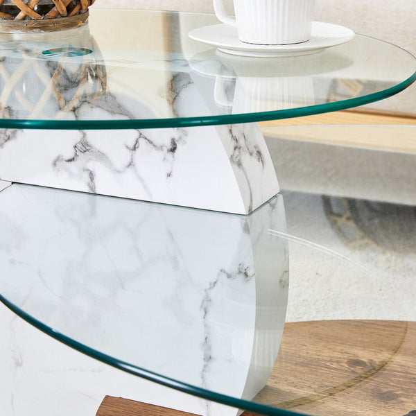 English Elm Contemporary White Marble & Wood Grain Double-Layer Coffee Table with Tempered Glass Top, Stylish Centerpiece W1512P386948