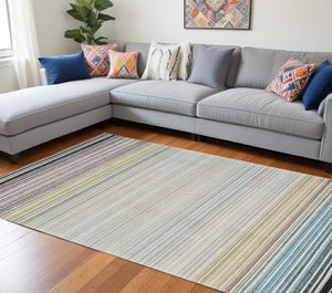 HomeRoots 4' Beige and Blue Abstract Distressed Area Rug - Elegant, Durable, Stain-Resistant, Easy-Care Design 8' X 11' 558871