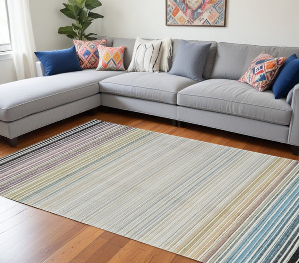 HomeRoots 4' Beige and Blue Abstract Distressed Area Rug - Elegant, Durable, Stain-Resistant, Easy-Care Design 8' X 11' 558871