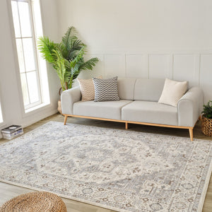 HomeRoots 4' Gray and Beige Oriental Distressed Area Rug - Timeless Elegance for Family Living Spaces 7' X 10' 558874