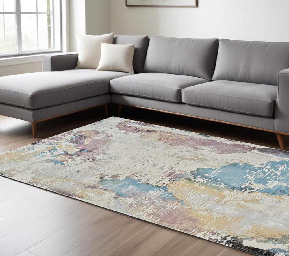 Homeroots 8' X 11' Beige And Blue Abstract Distressed Area Rug  Polypropylene 558903