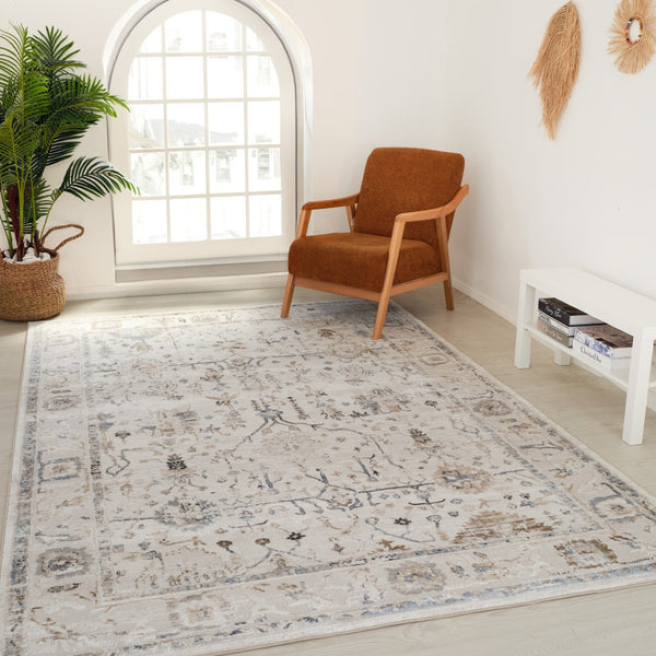 HomeRoots 5' Beige and Ivory Abstract Distressed Area Rug - Stylish, Stain-Resistant Design for Any Room 5' X 8' 558921