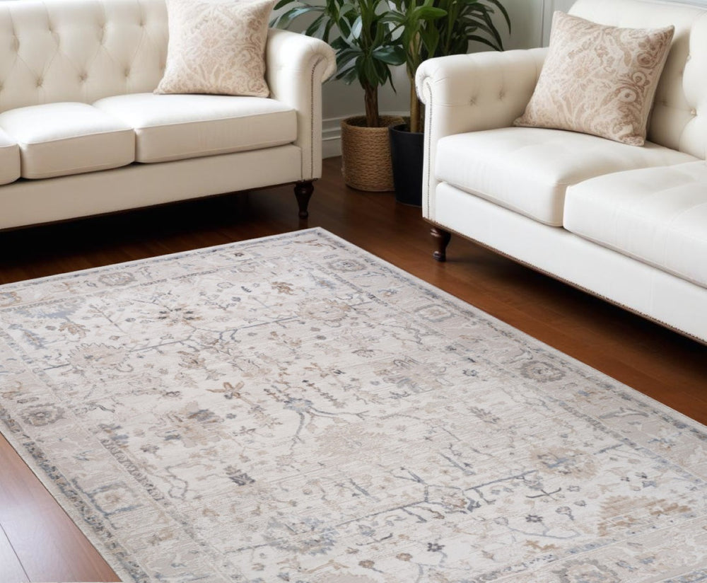 HomeRoots 5' Beige and Ivory Abstract Distressed Area Rug - Stylish, Stain-Resistant Design for Any Room 8' X 11' 558923