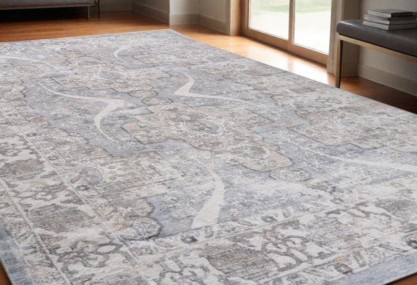 HomeRoots 5' Blue and Gray Abstract Distressed Area Rug - Contemporary Style, Durable, Stain-Resistant Design 5' X 8' 558925